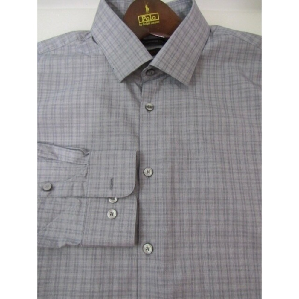 John‎ Varvatos Gray Plaid Long Sleeve Cotton Button Up Shirt Size 17.5